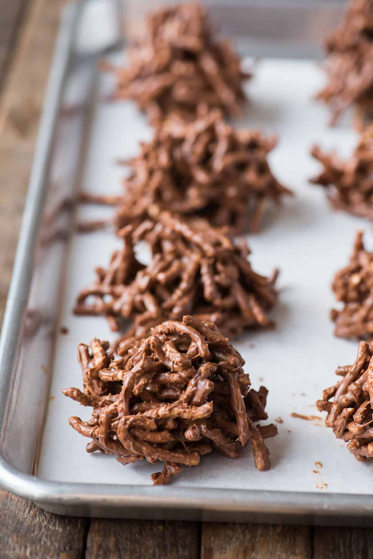 chocolate haystack cookies on baking sheet