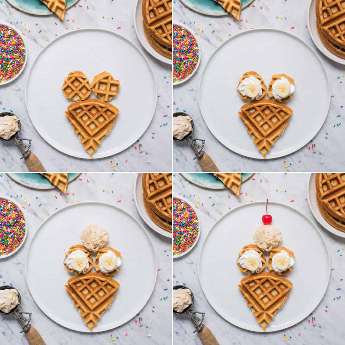 waffles cut and arranged in the shape of an ice cream cone on white plate on white background