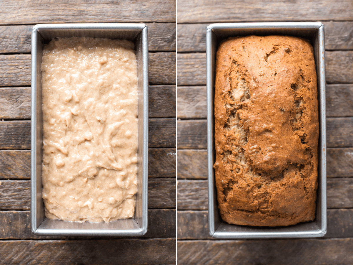 banana bread batter on the left and baked banana bread in metal loaf pan on the right collage