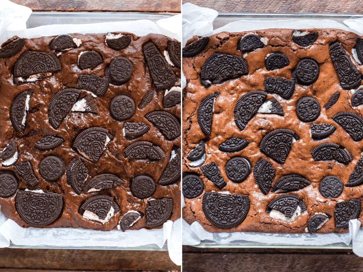 oreo brownie batter before and after baking collage