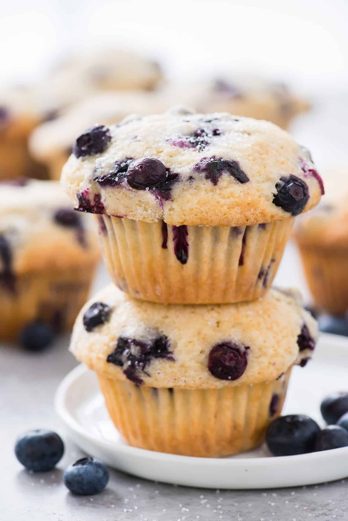 two blueberry muffins stacked on top of each other on white plate on white background