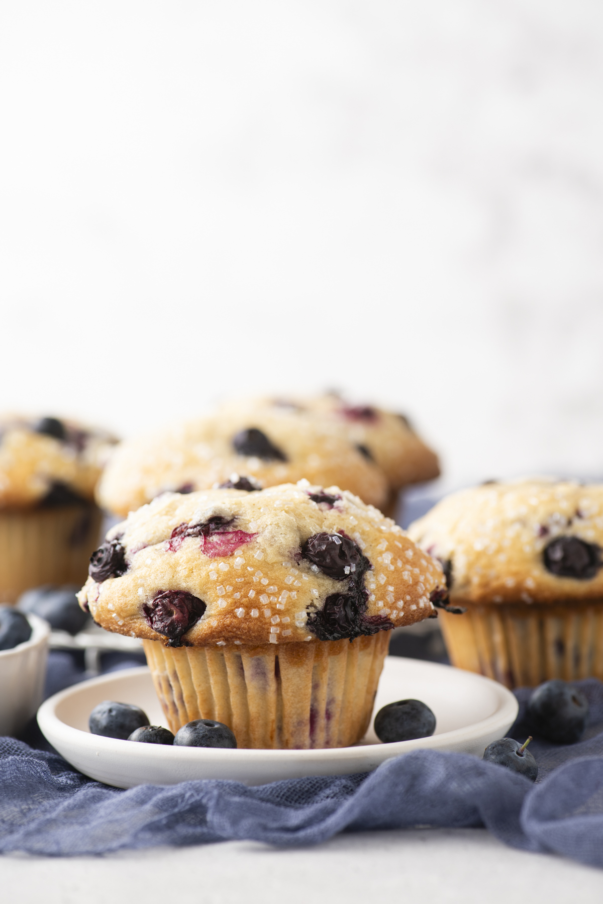 A close-up of a blueberry muffin on a white plate, surrounded by fresh blueberries, with more blueberry muffins in the background on a light surface and blue cloth.