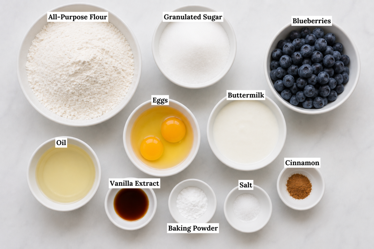 Ten bowls on a white surface containing labeled baking ingredients for blueberry muffins: all-purpose flour, granulated sugar, blueberries, oil, eggs, buttermilk, vanilla extract, baking powder, salt, and cinnamon.