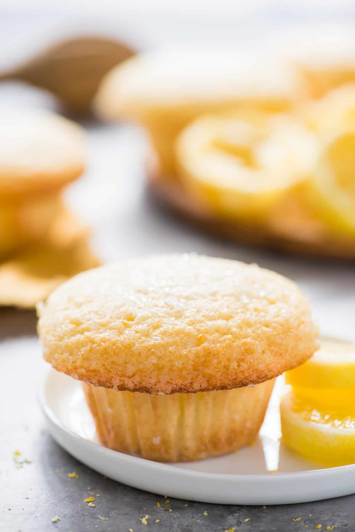 single lemon muffin on white plate with lemons in the background