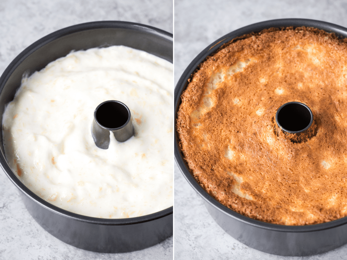 angel food cake batter in fluted pan on the left and baked angel food cake in fluted pan on the right