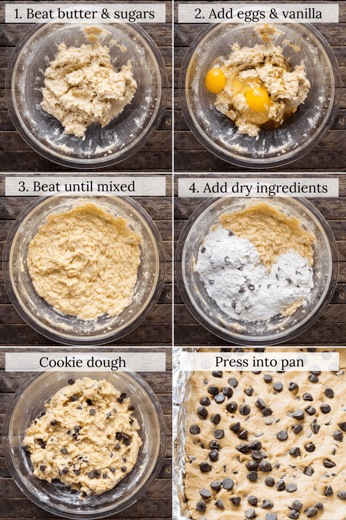 how to make chocolate chip cookie bars collage