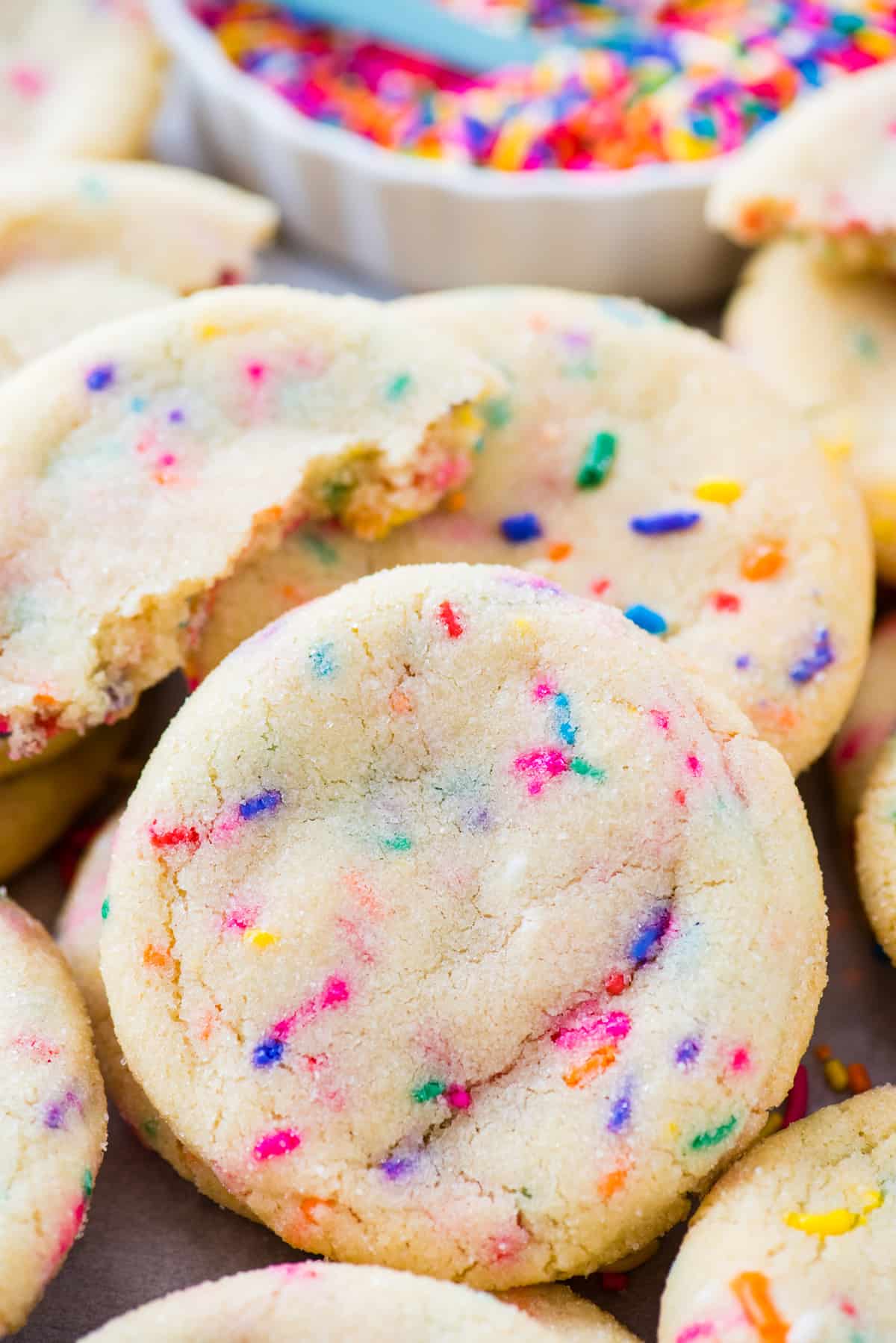 close up of funfetti cookie with rainbow jimmie sprinkles