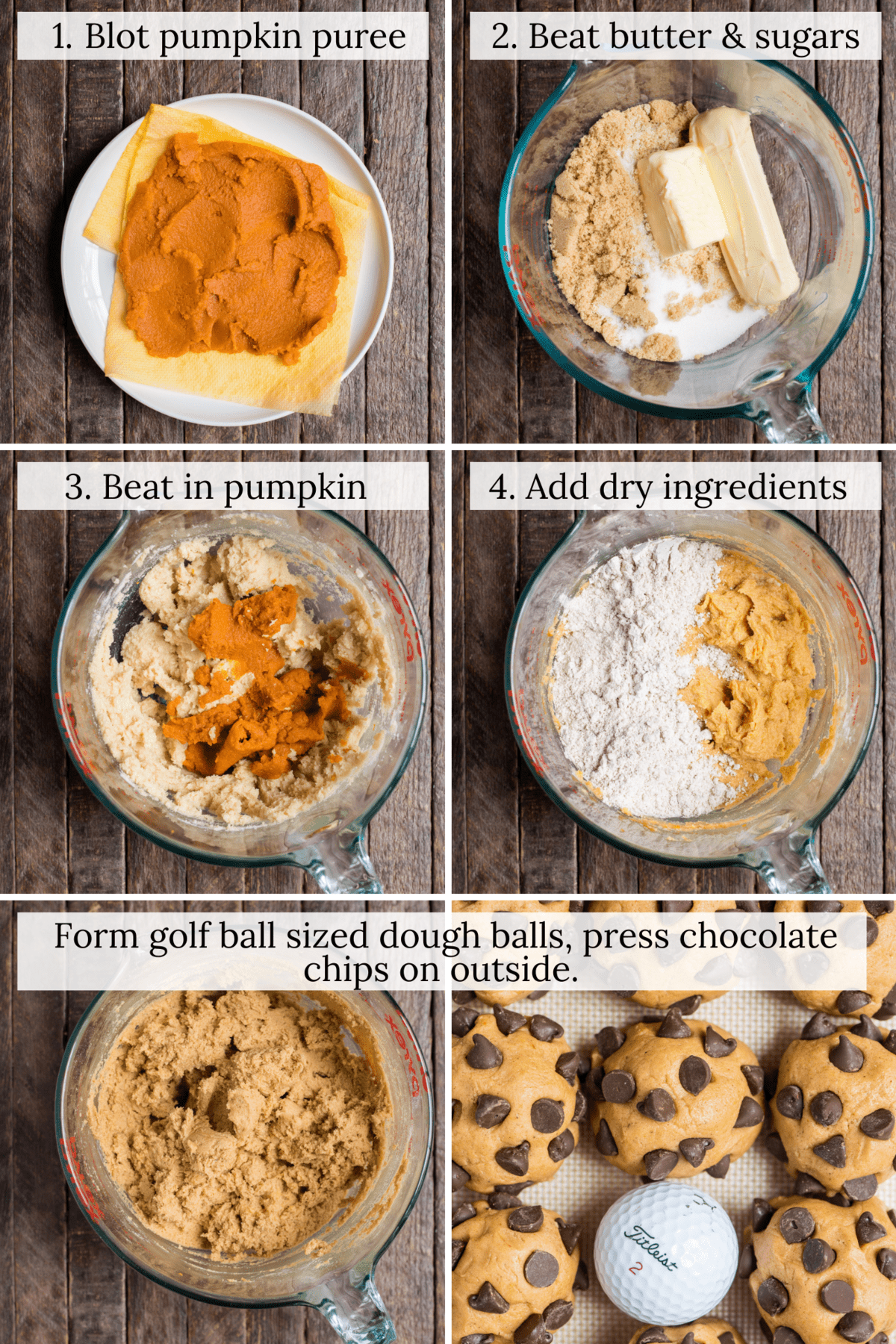 Six photos showing process of making pumpkin chocolate chip cookies