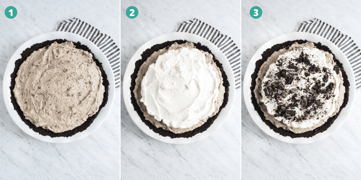 whole no bake oreo pie with whipped cream topping and crushed oreos on top