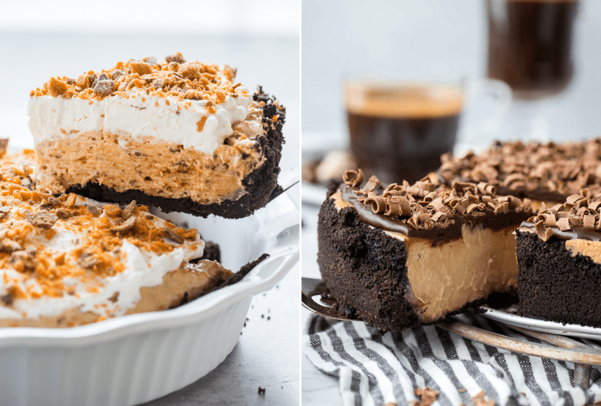 butterfinger pie on the left and espresso cheesecake on the right both with oreo crust