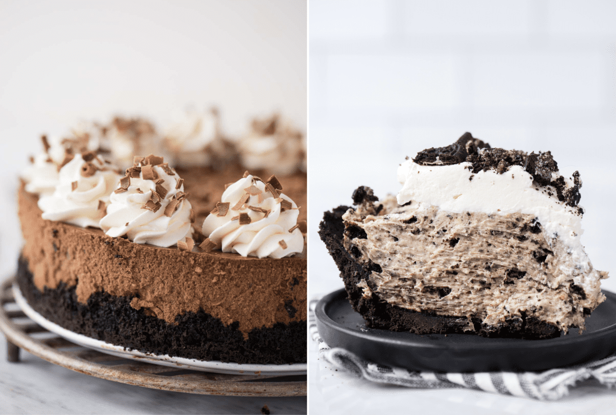 chocolate cheesecake on the left and oreo pudding pie on the right both with oreo crust