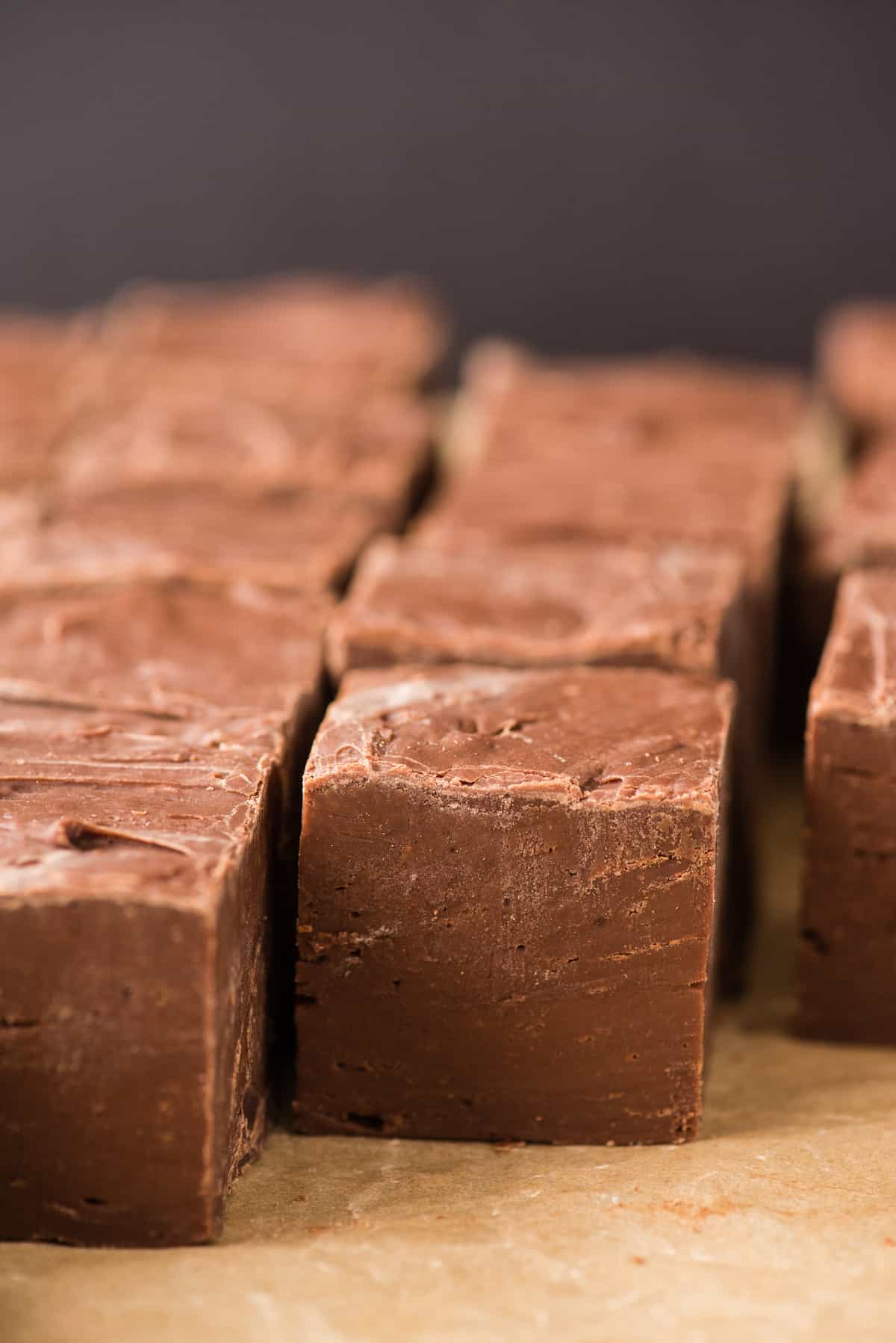 side shot of chocolate fudge cut into squares