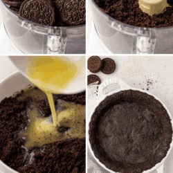 Four-step collage shows how to make an Oreo pie crust: Oreos in a food processor, crushed crumbs, melted butter added, and the mixture pressed into a pie dish. Text reads Staple Recipe OREO PIE CRUST.