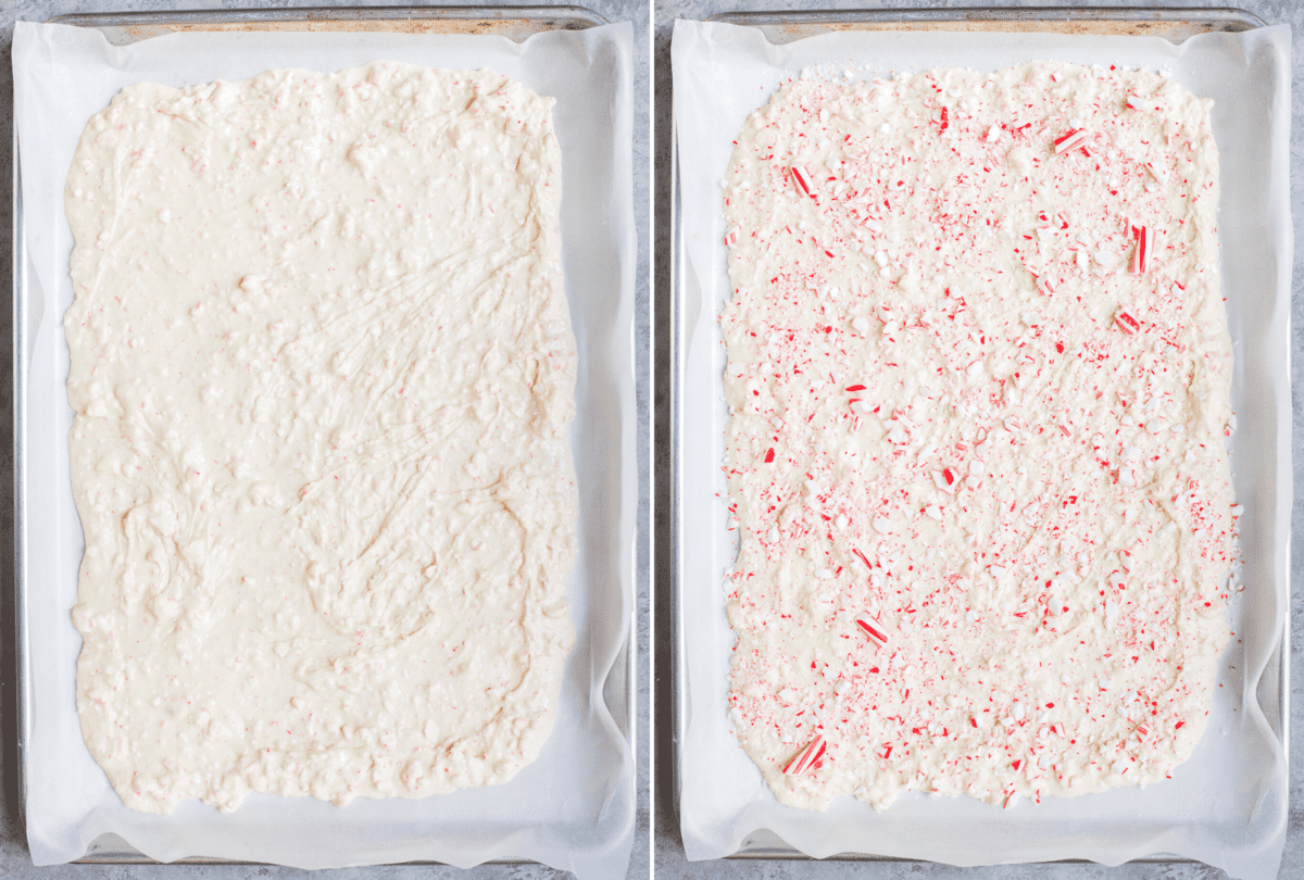 process shot of how to assemble peppermint bark