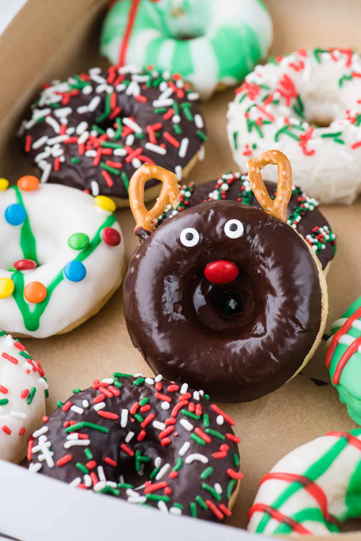 close up of chocolate reindeer donut with other donuts in a donut box