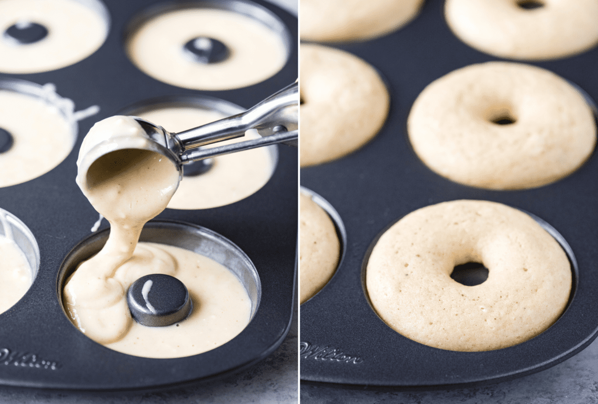 how to fill a donut pan collage image
