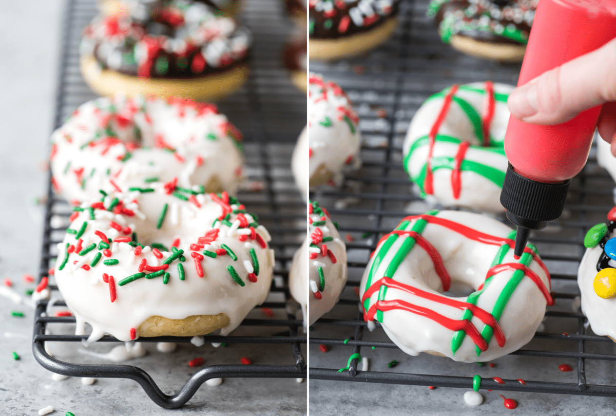 white donut with Christmas sprinkles on the left and a white donut with red and green plaid pattern on the right