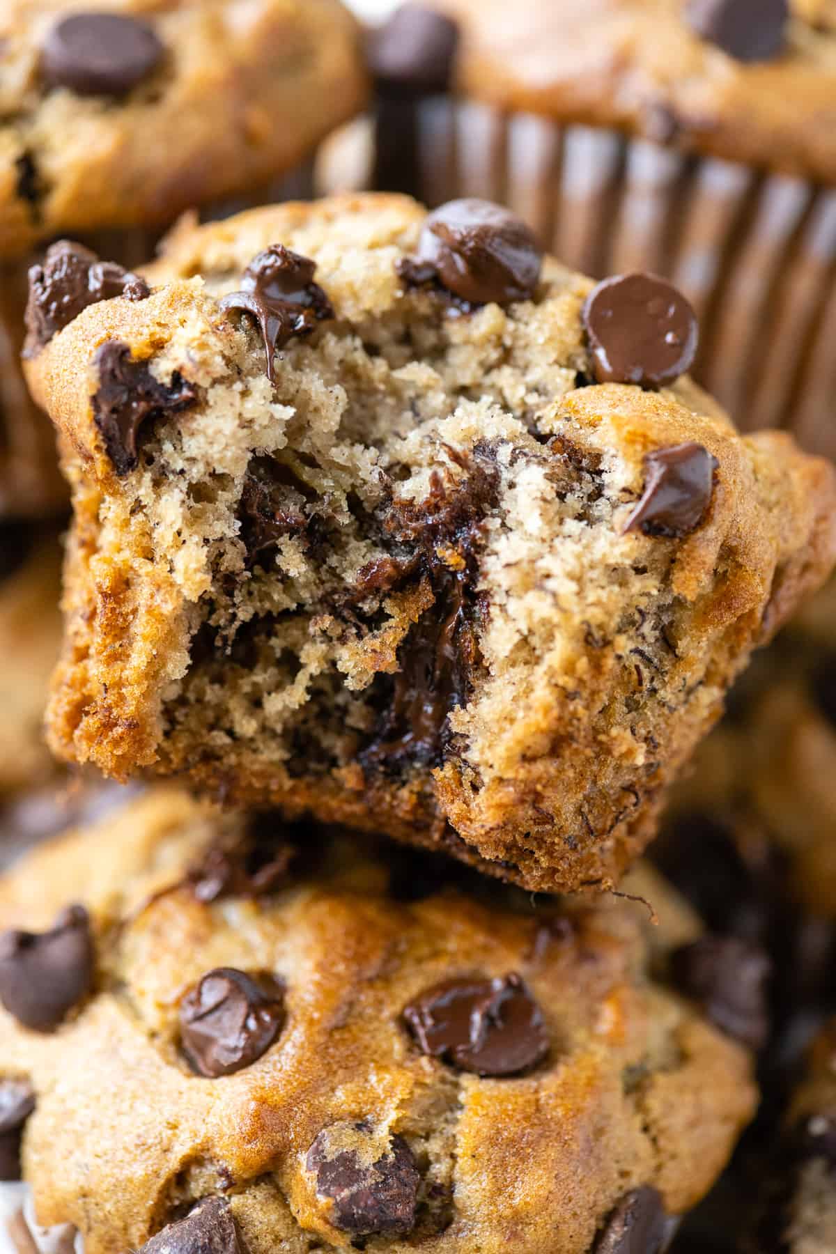 gluten free banana muffins with chocolate chips with bite removed