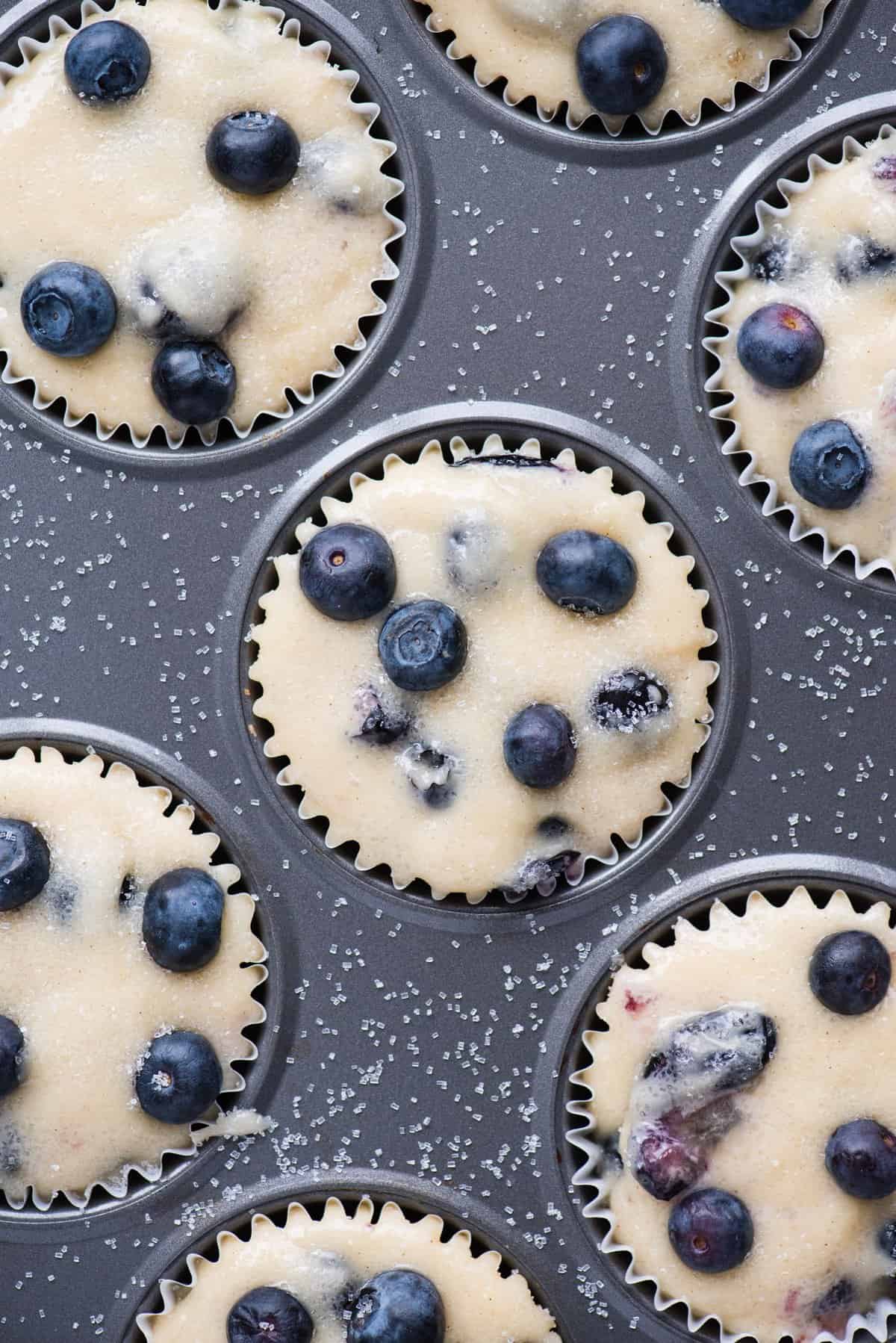 blueberry muffin batter in metal muffin pan
