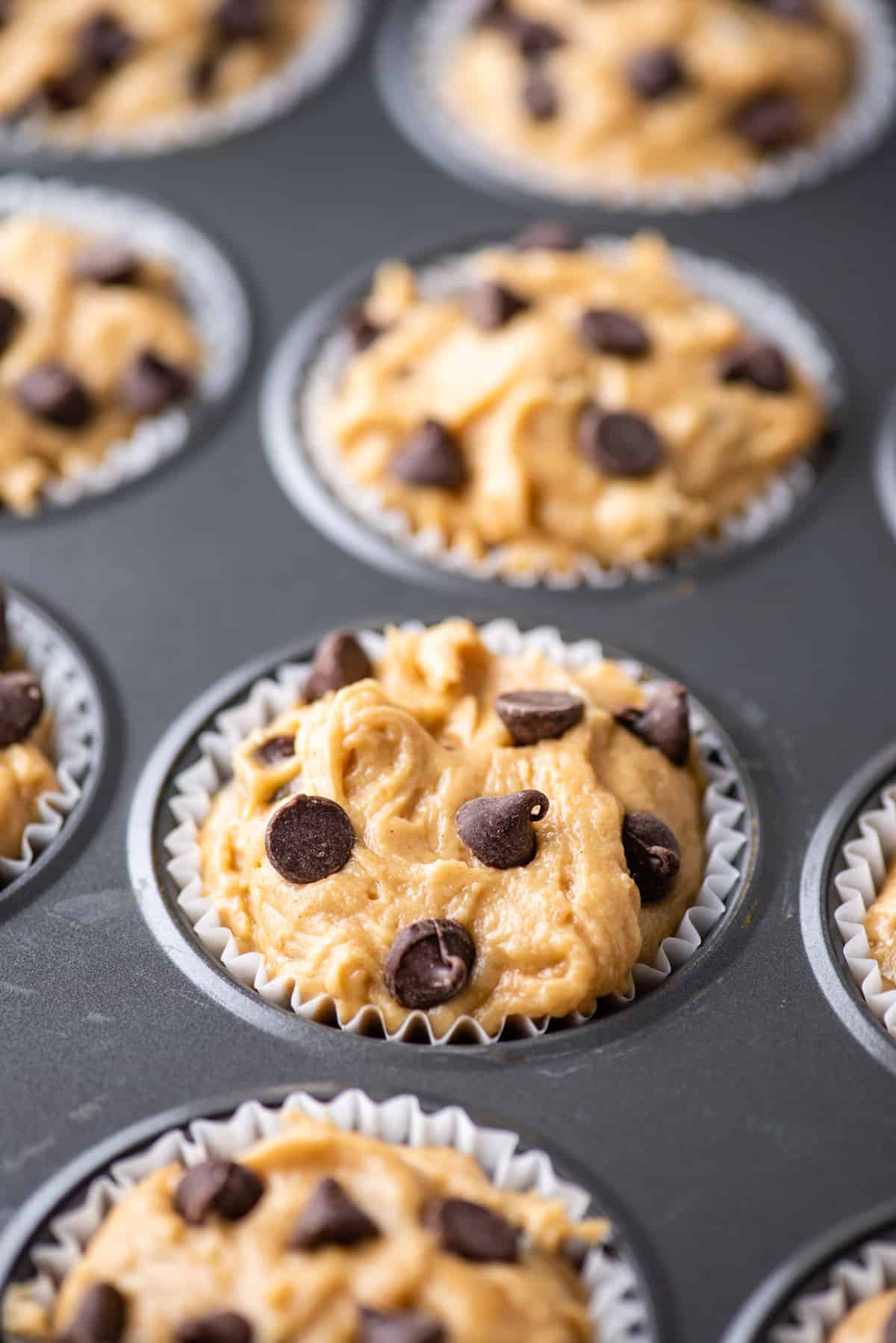 muffin batter with chocolate chips in metal muffin pan