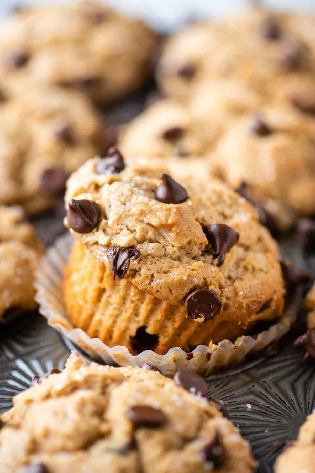 muffins with chocolate chips in metal muffin pan