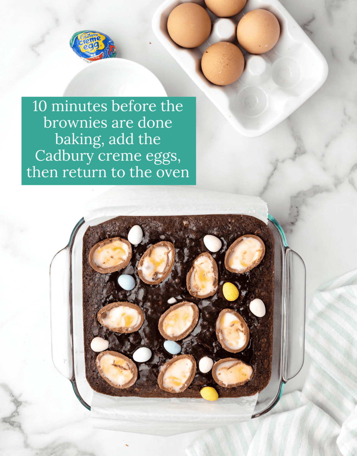 how to make easter brownies with cadbury creme eggs text overlay