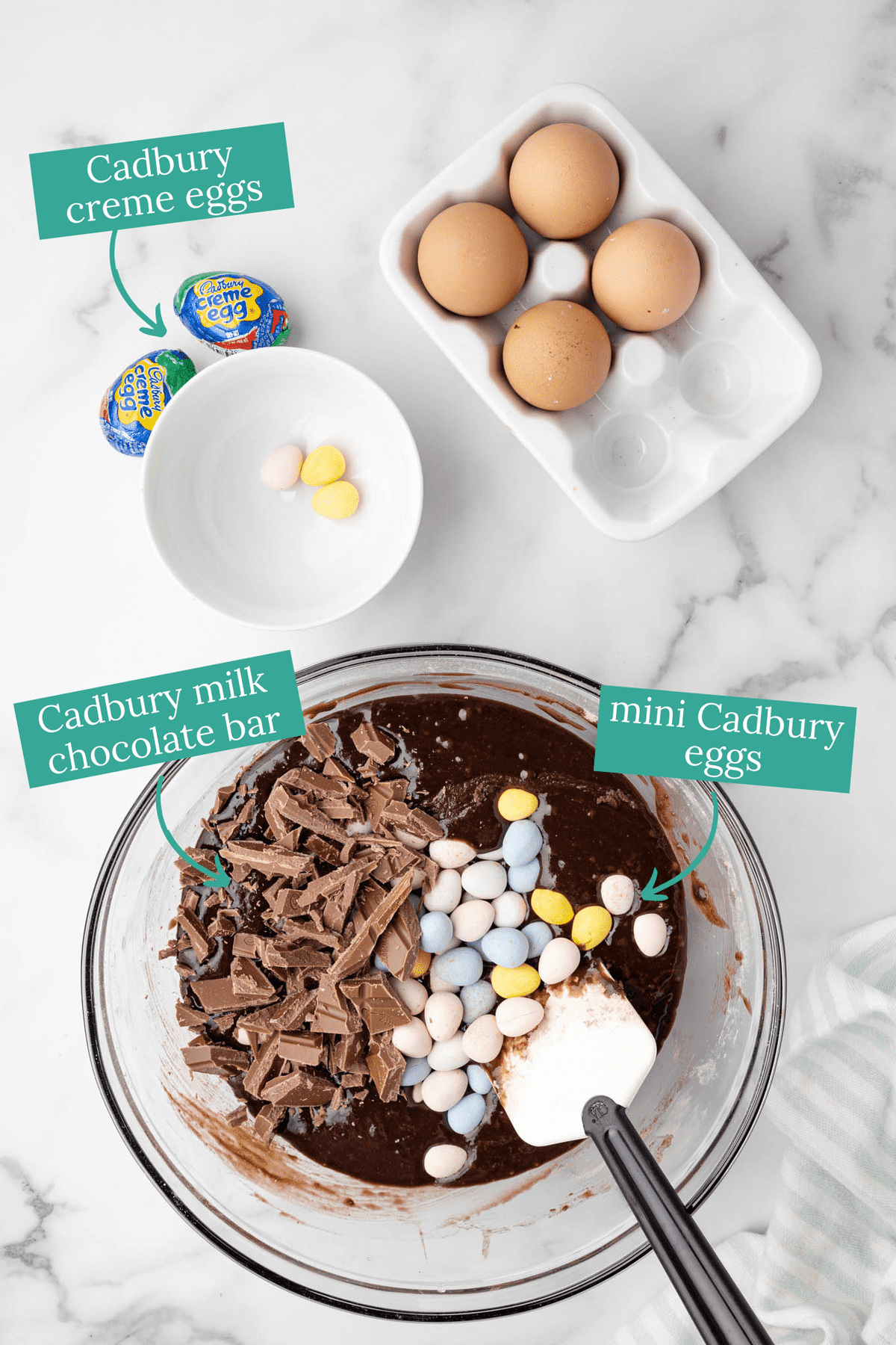 how to make easter brownies with cadbury creme eggs text overlay