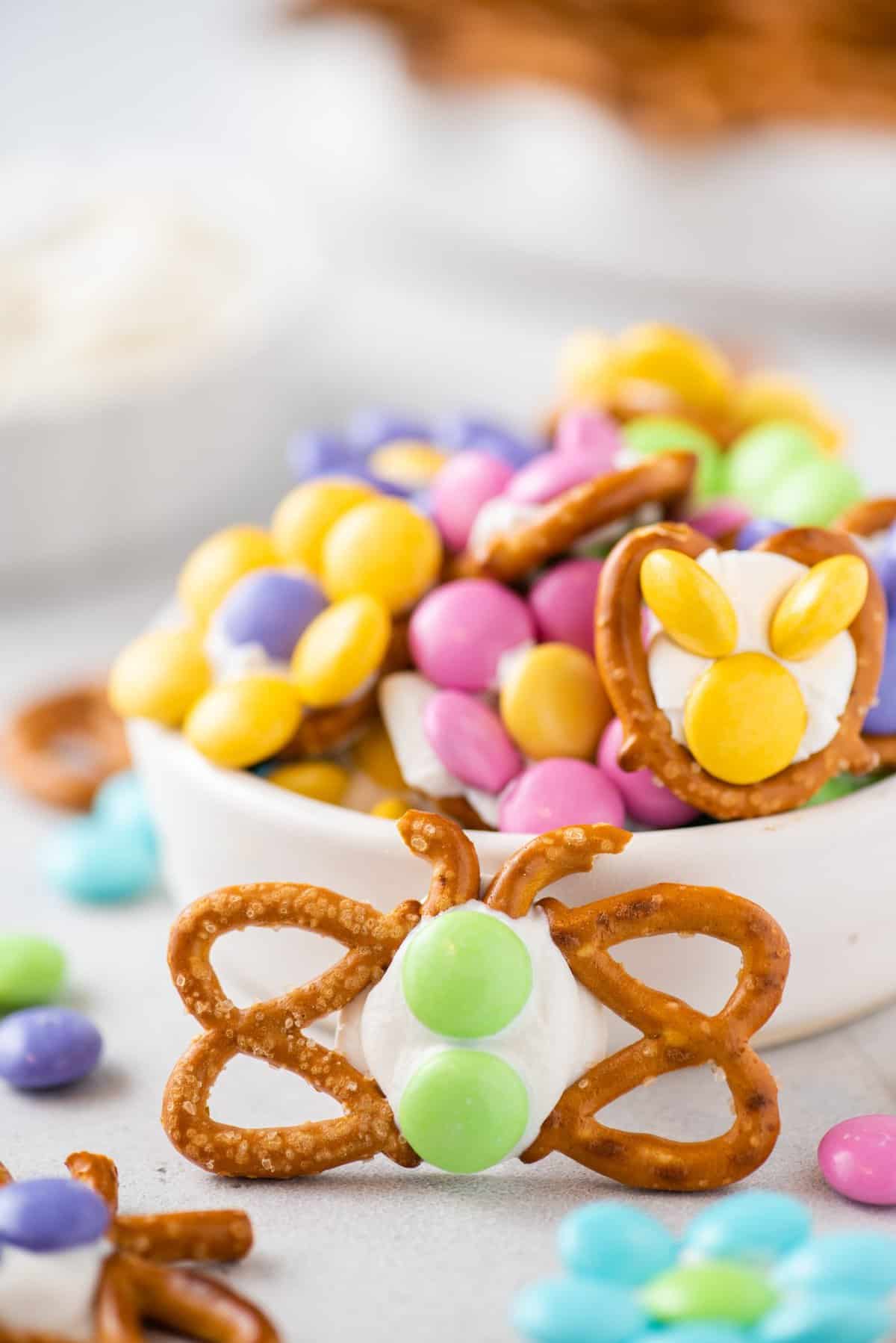 pretzel butterfly propped up on white dish