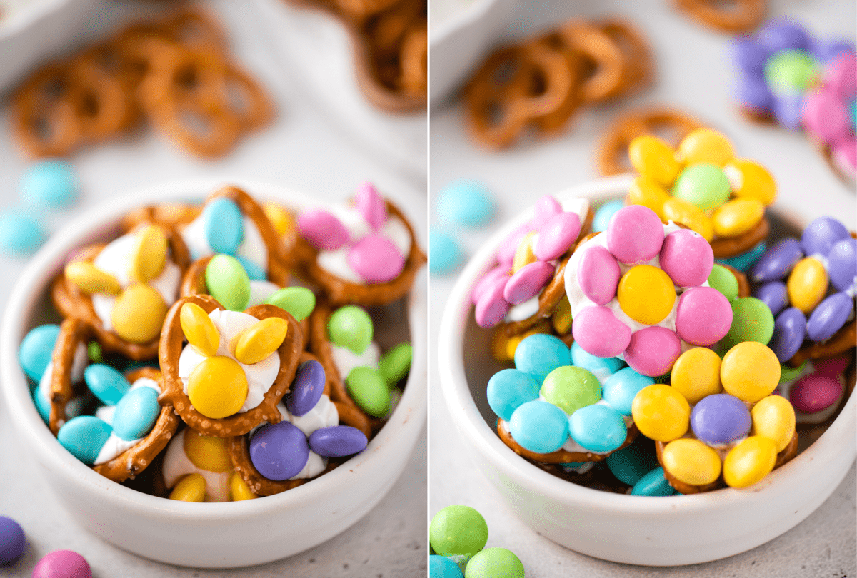 collage image with bunny pretzels in a white bowl on the left and flower pretzels in a white bowl on the right