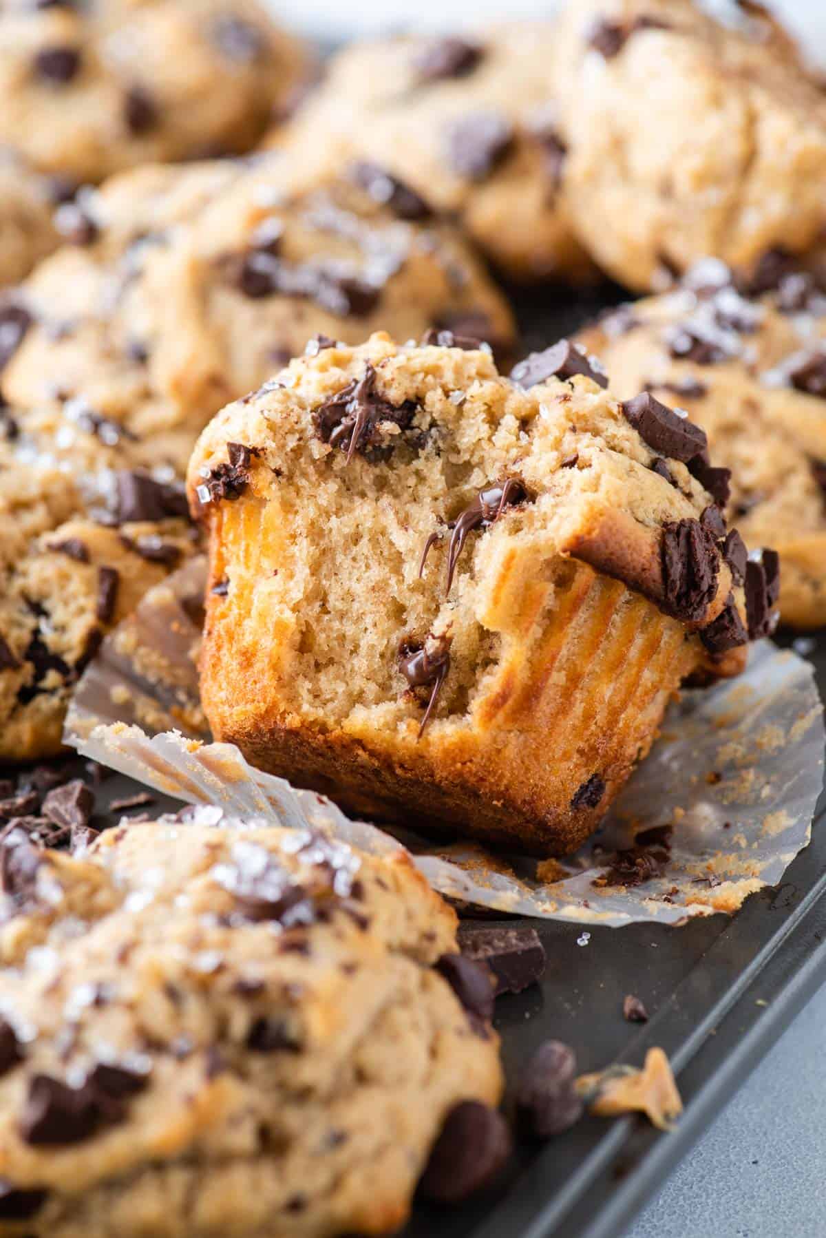 peanut butter muffins with chocolate chips arranged in muffin pan