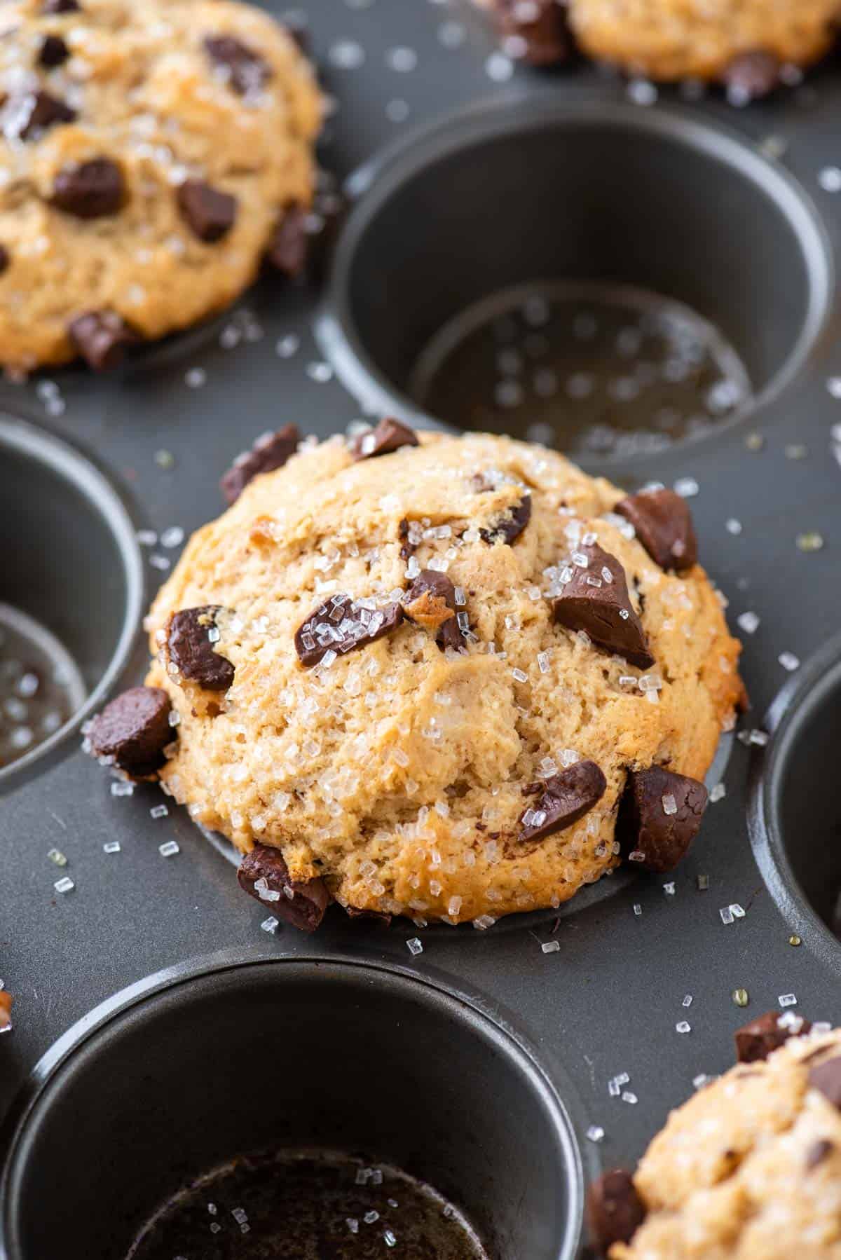 baked peanut butter muffin in muffin pan