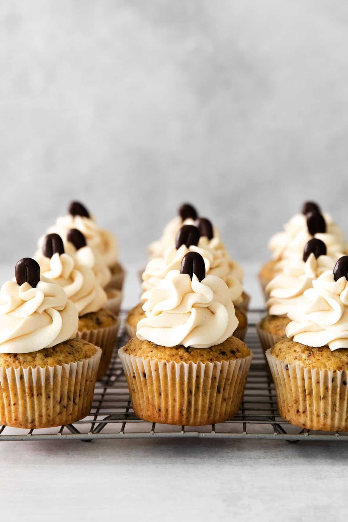 coffee cupcakes on wire rack
