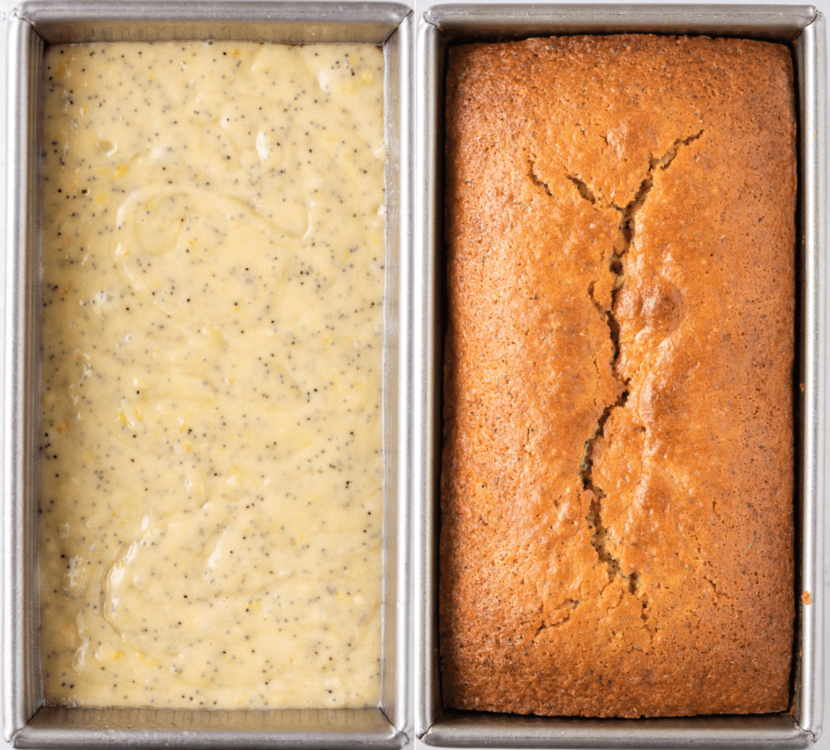 Two photos of Lemon Poppy Seed Bread in loaf pan; one unbaked and one baked