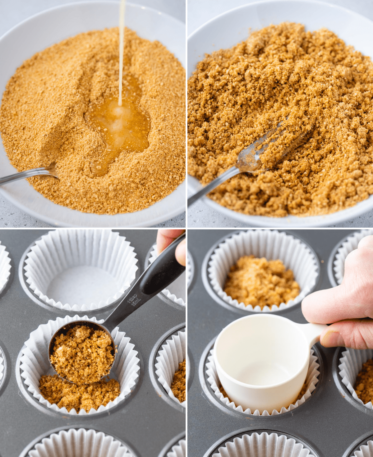 Four photos showing process of making mini cheesecake crusts