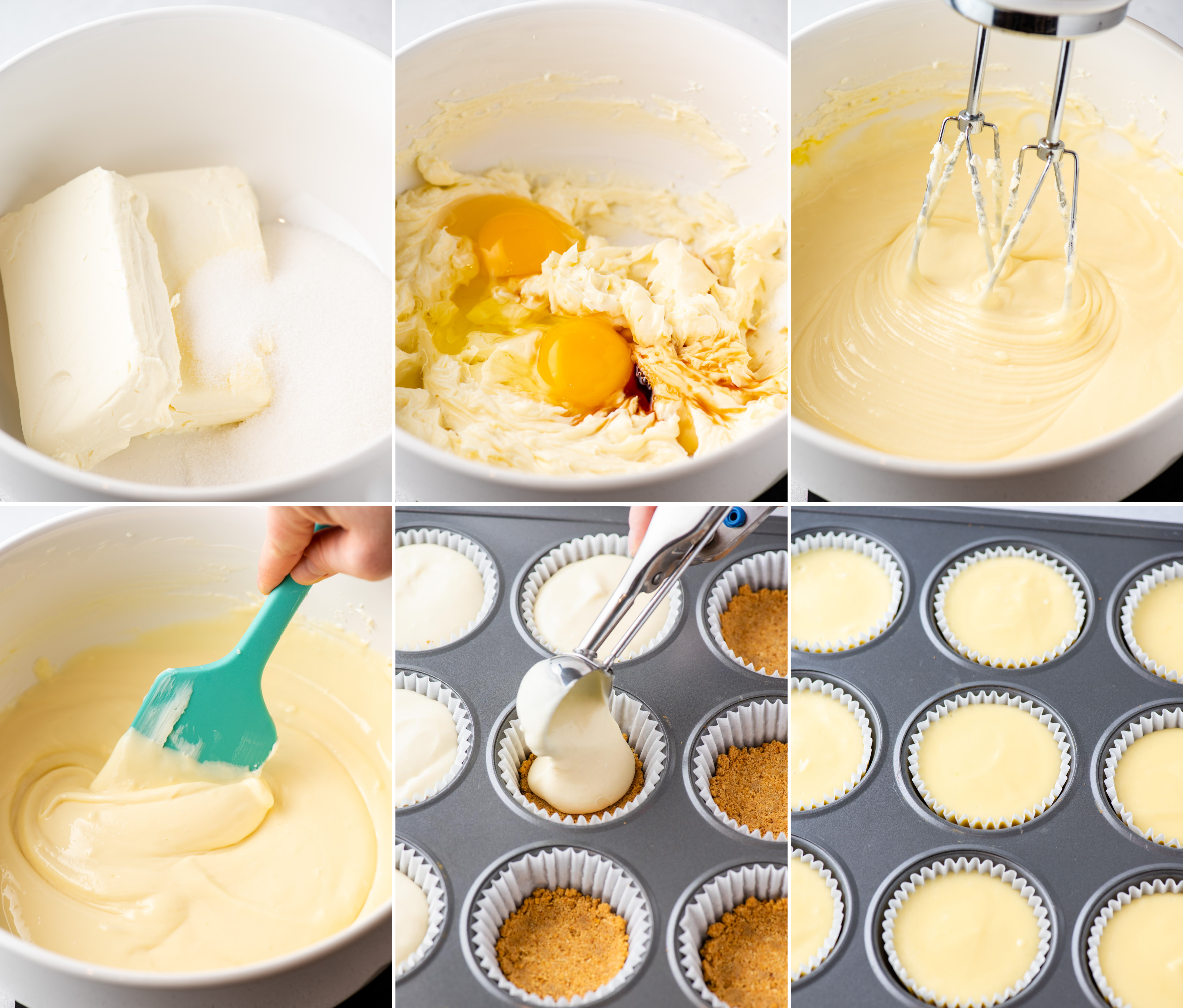 Six photos showing process of making mini cheesecakes