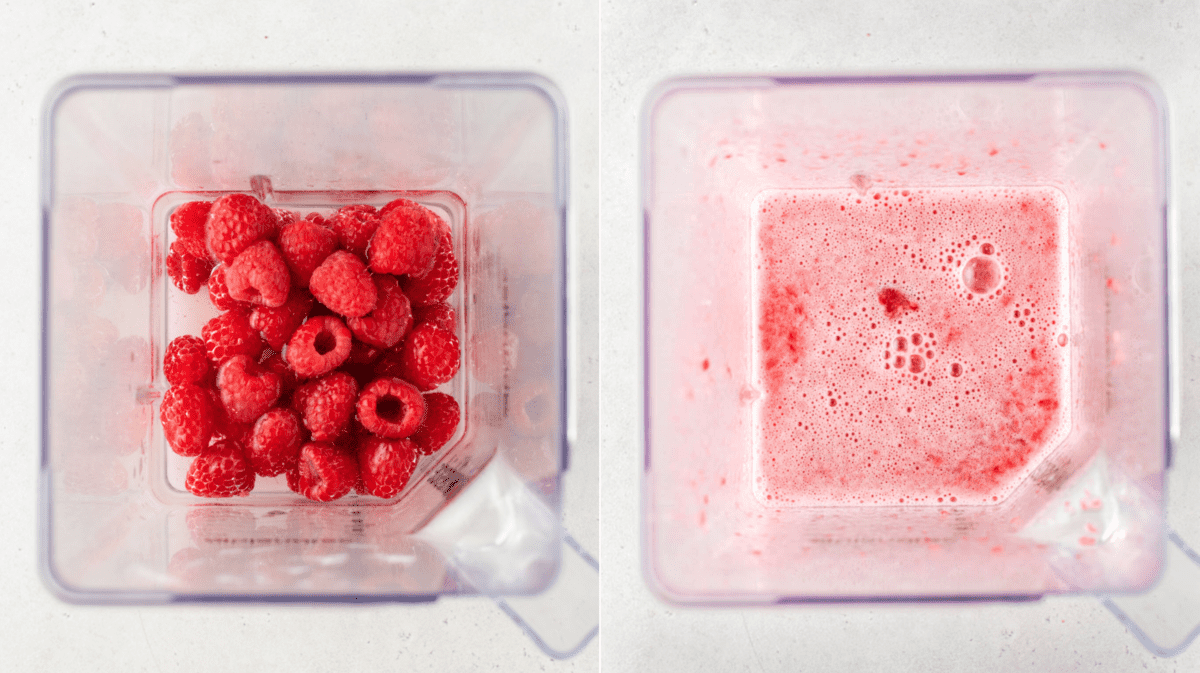 Side by side photos of fresh raspberries in blender and raspberry puree in blender