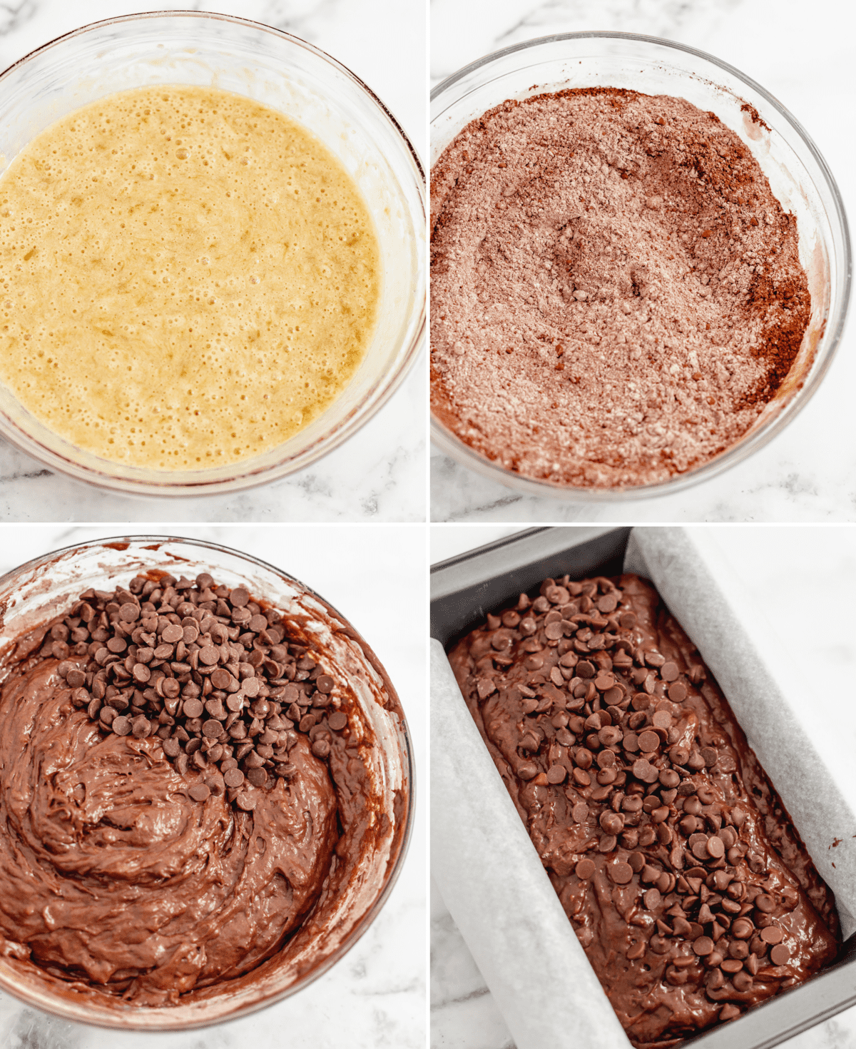 4 photos showing process of making chocolate banana bread