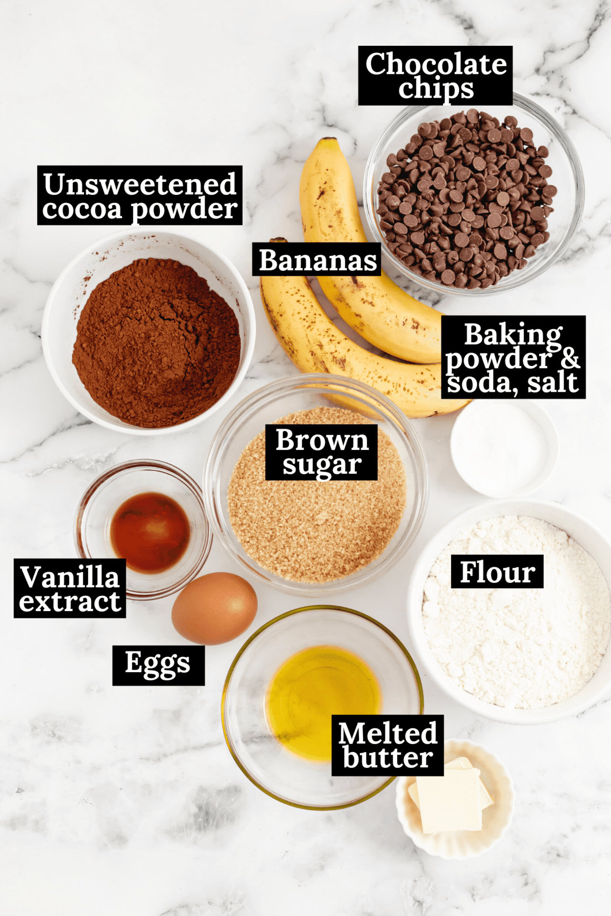 Overhead view of chocolate banana bread ingredients with labels