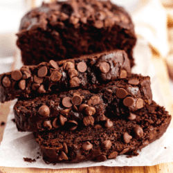 Closeup of sliced chocolate banana bread