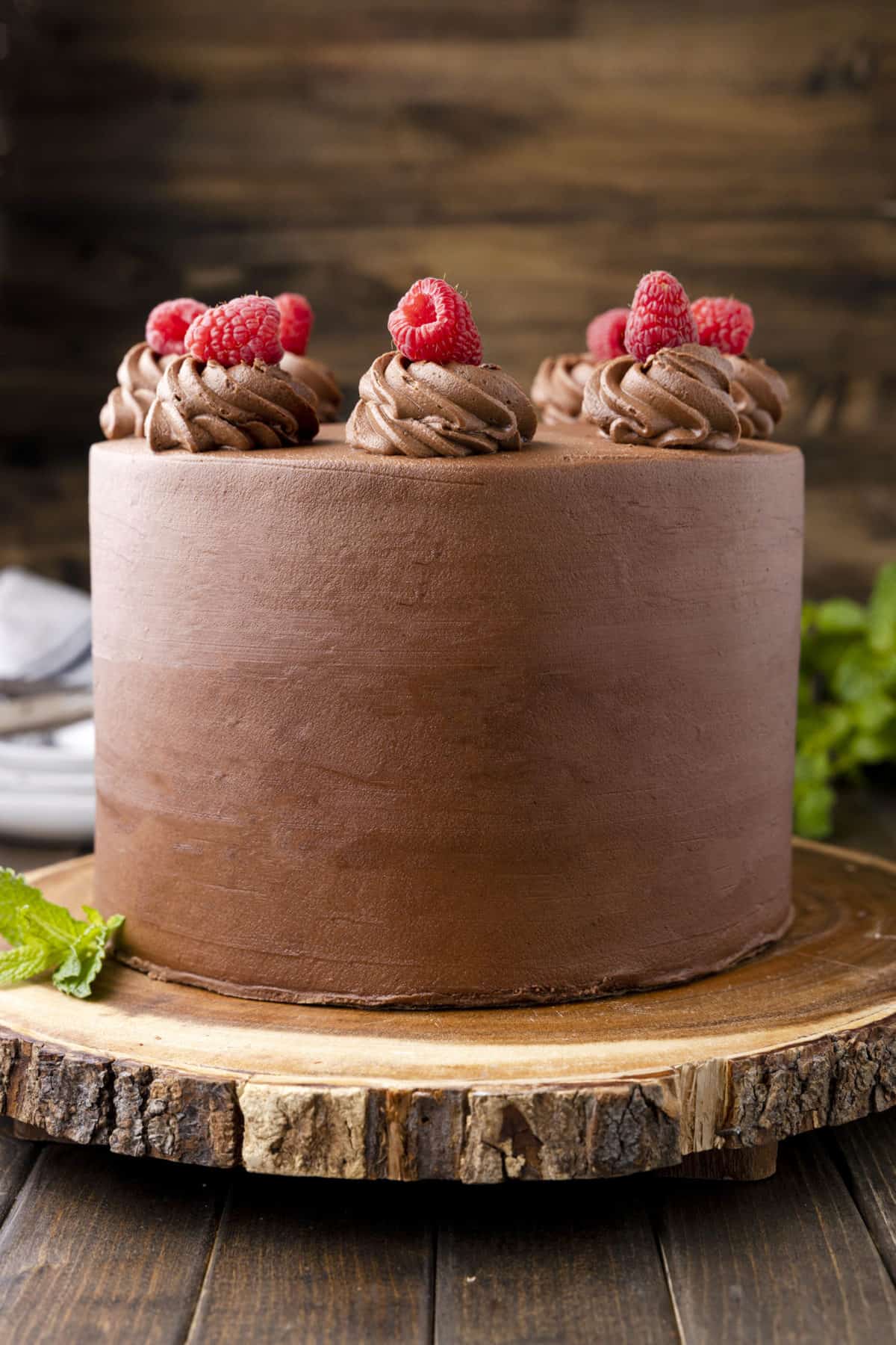Side view of whole chocolate raspberry cake on rustic wood cake stand