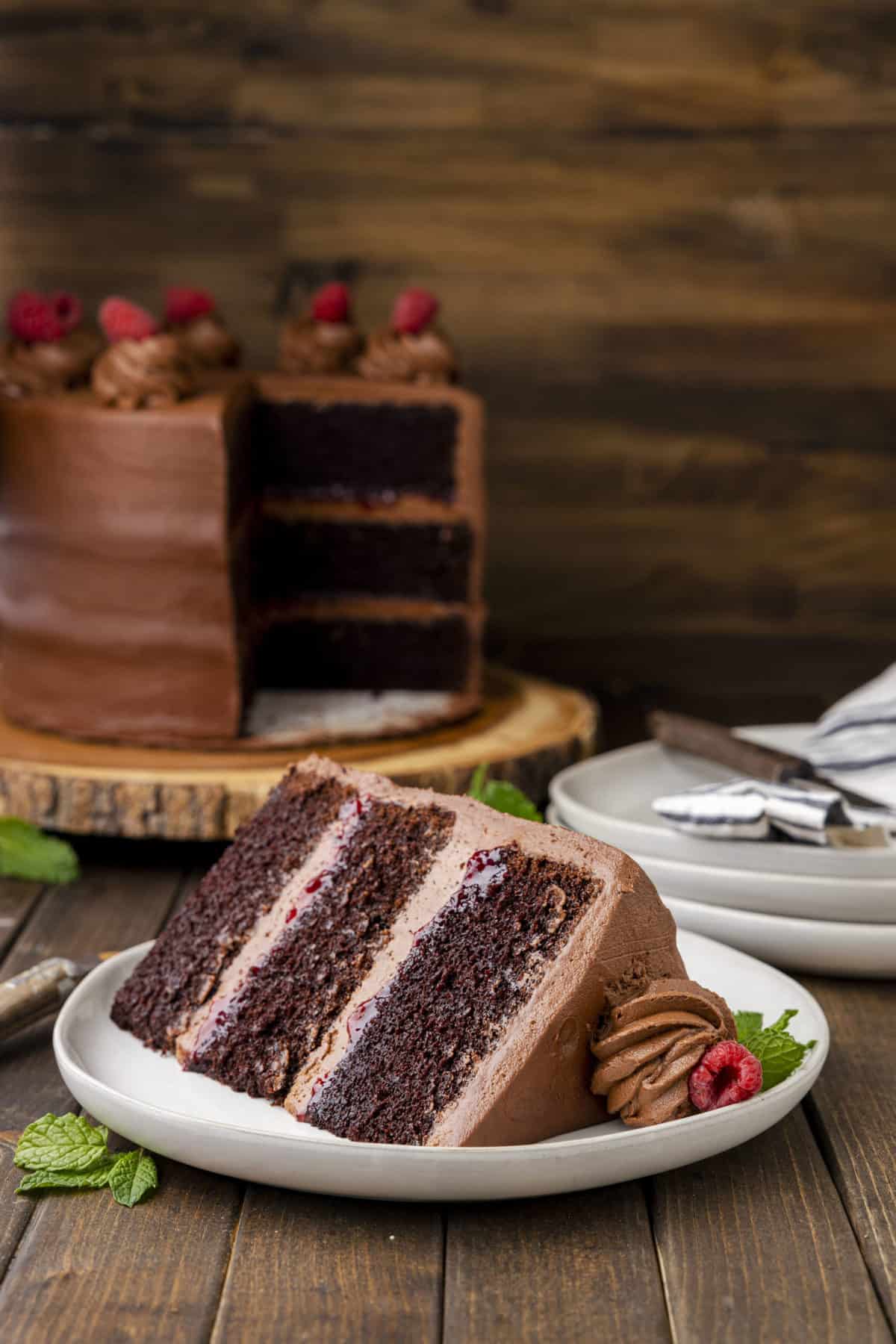 Slice of chocolate raspberry cake on white plate, with remaining cake in background