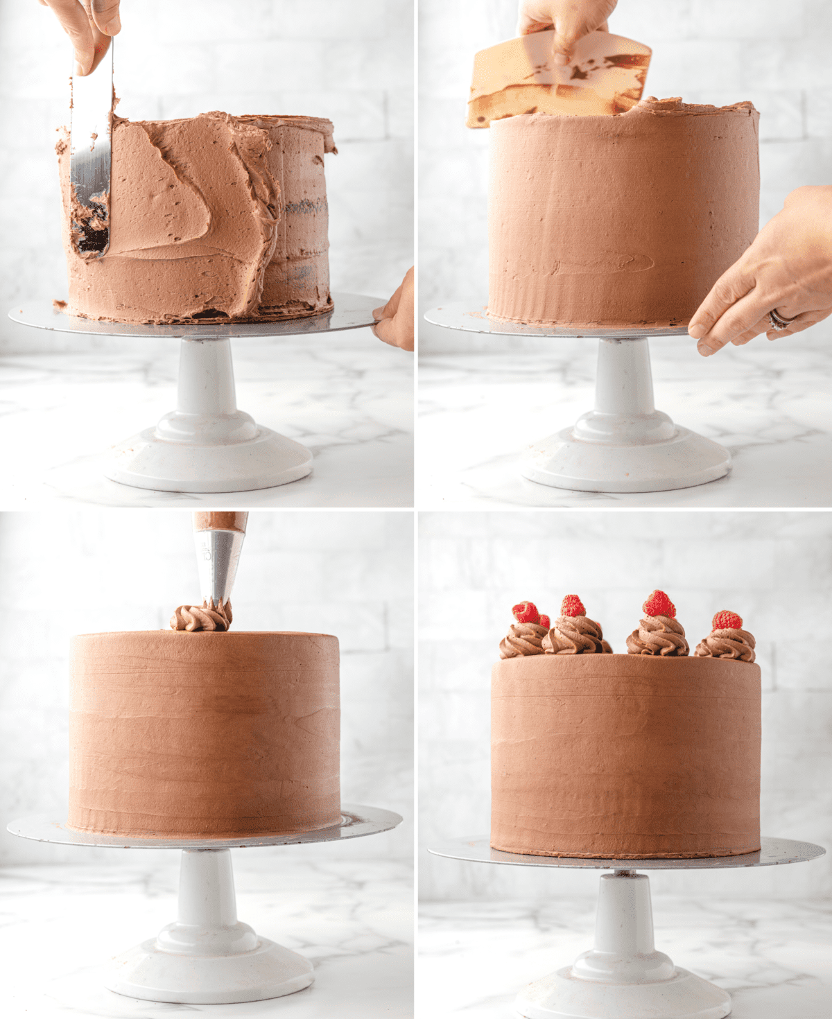 4 photos showing process of decorating chocolate raspberry cake