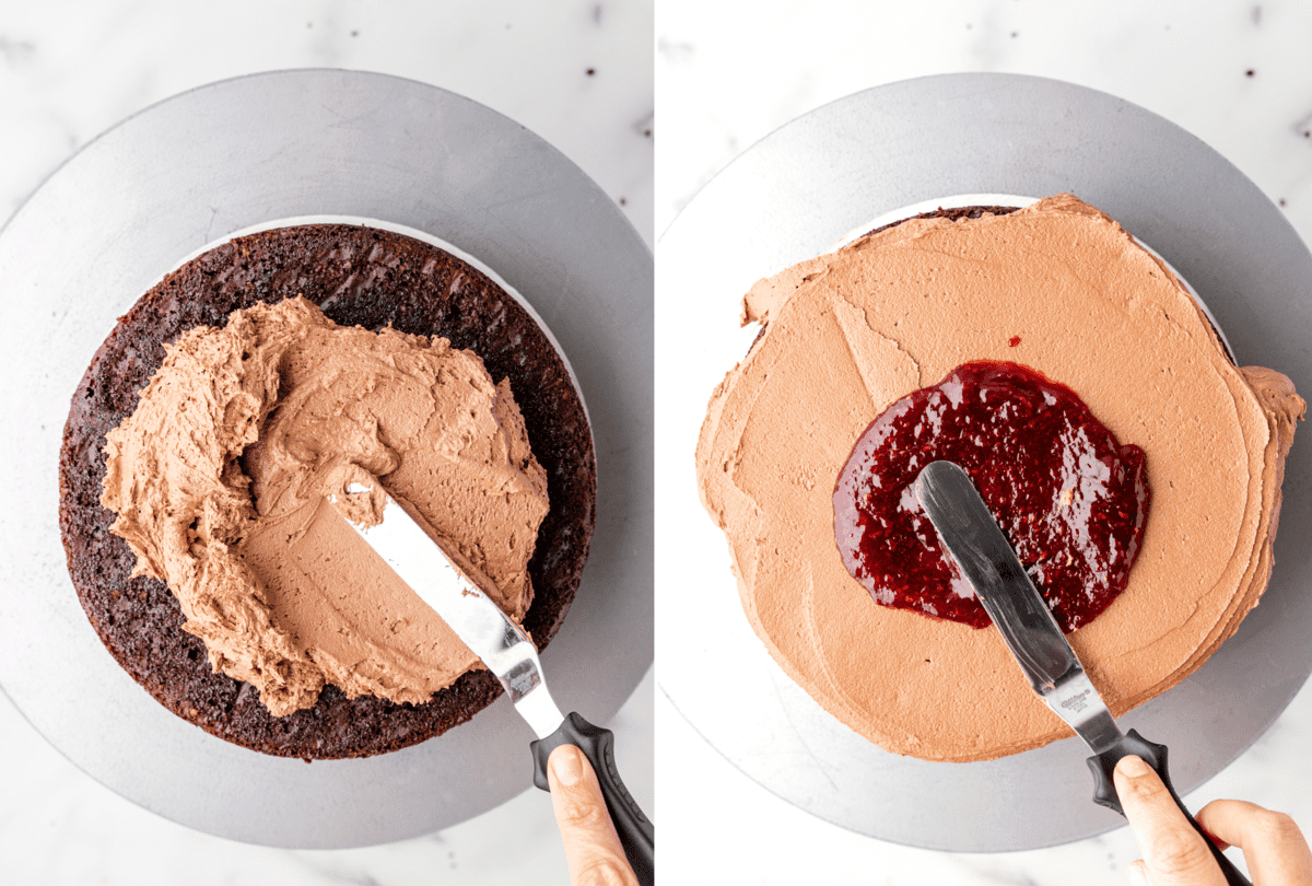 Two photos showing process of filling chocolate raspberry cake with buttercream and preserves