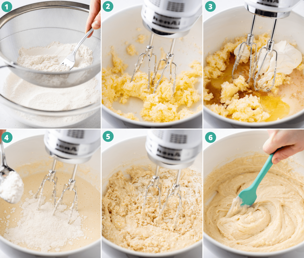 Step-by-step photos showing process of making gluten-free cupcake batter