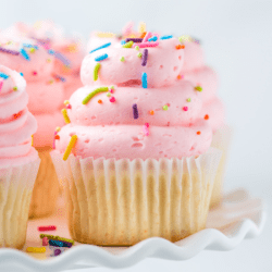 Closeup of gluten-free cupcake topped with pink frosting and sprinkles