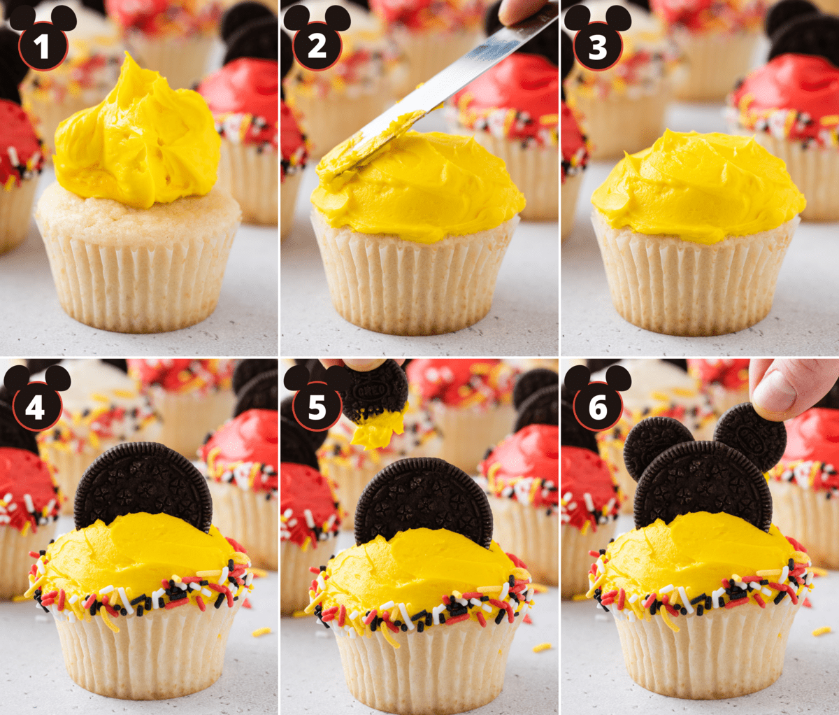 Step by step photos showing process of decorating Mickey Mouse cupcakes with Oreos
