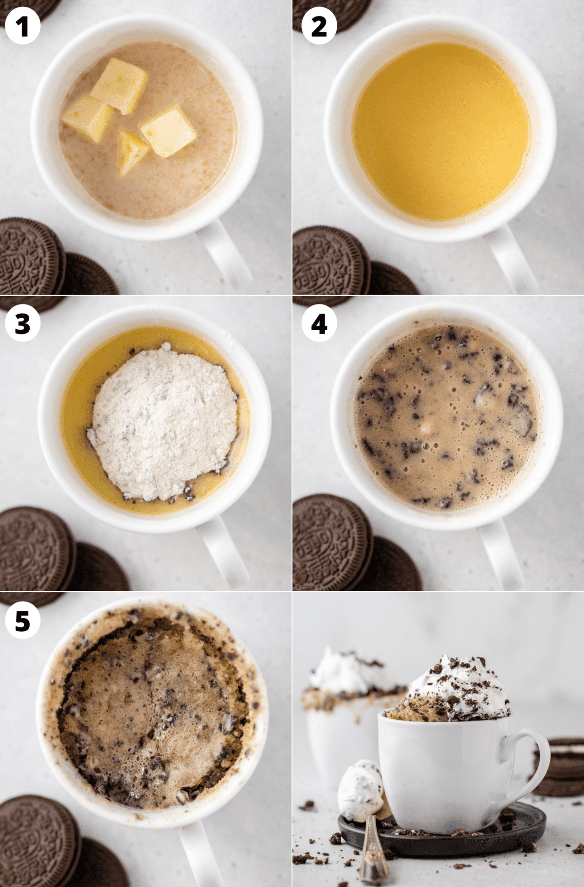 6 photos showing process of making Oreo mug cake
