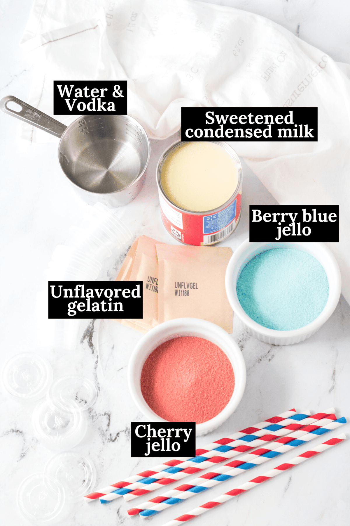 Ingredients for Red, White, and Blue Jello Shots