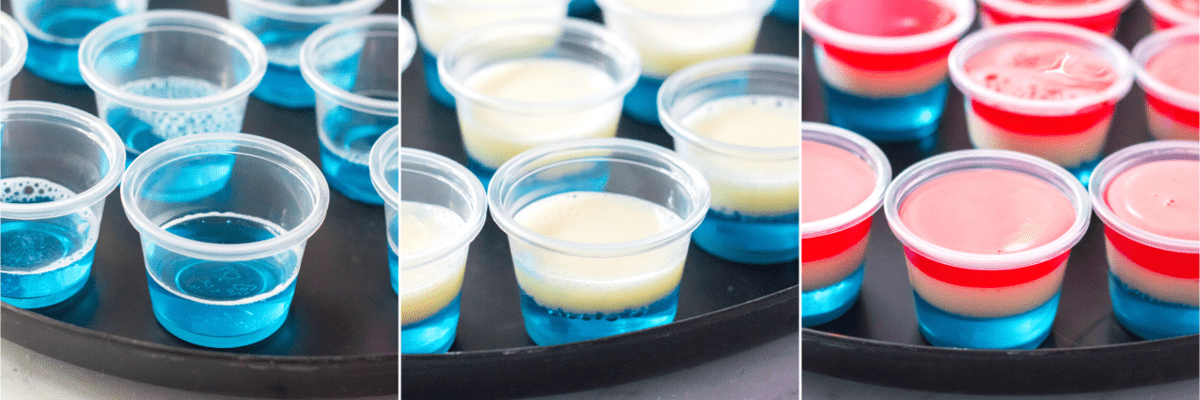 Three photos showing process of creating red, white, and blue layers for Jello shots