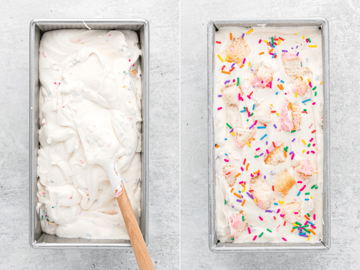 Two photos of birthday cake ice cream in loaf pan; one with toppings, one without